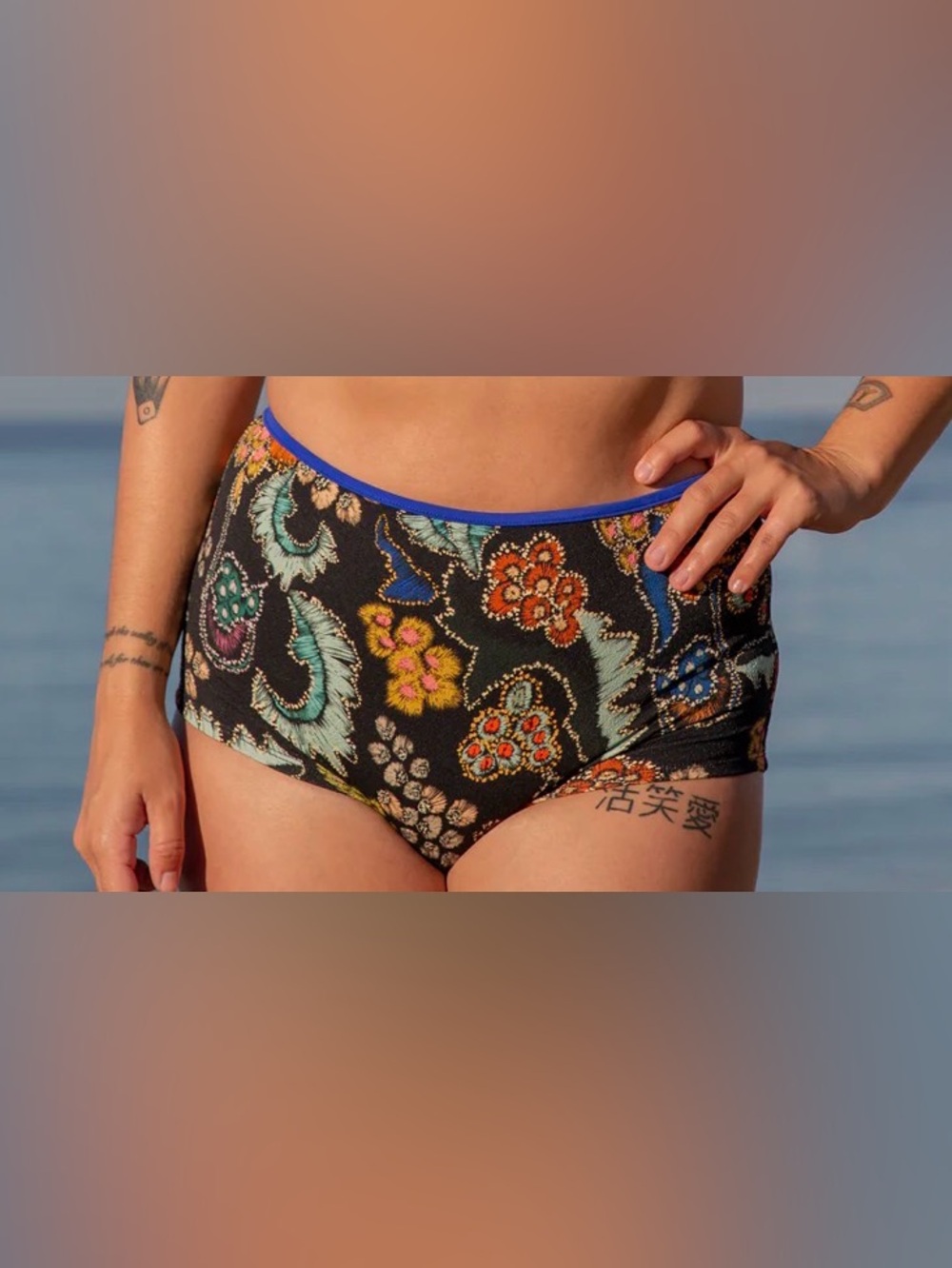 Seea Black Floral High-Waist Bikini Bottom with Blue Trim, never worn